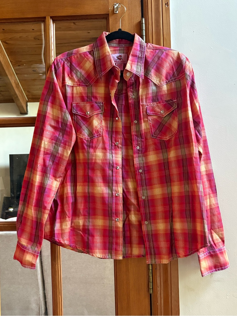 Wired Heart Pink Plaid Western Snap Shirt XL Rhinestone Pearl Snap Button Up